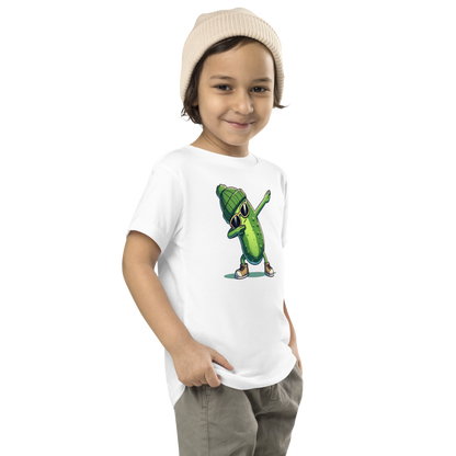 Dabbing Pickle toddler t-shirt in White, angled front view