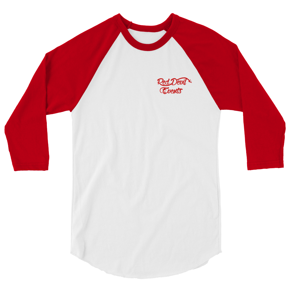 Red Devil Events 3/4 sleeve raglan shirt in White with red sleeves, front view