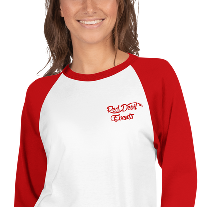 Red Devil Events 3/4 sleeve raglan shirt, close-up of the print