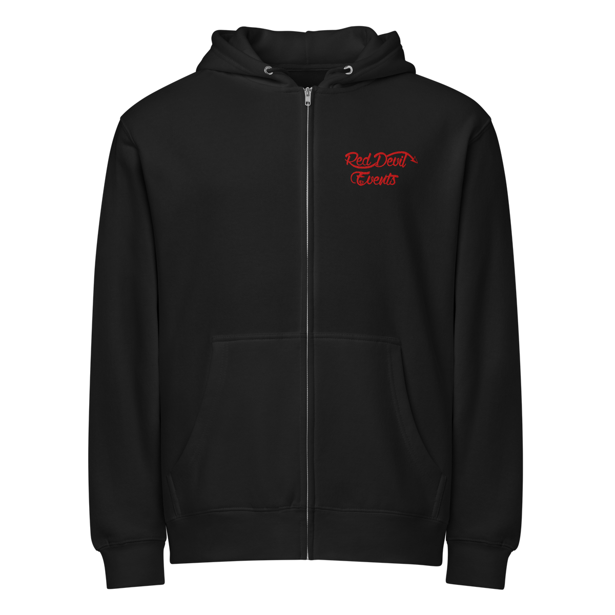 Red Devil Events premium full-zip hoodie in Black, front view