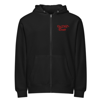 Red Devil Events premium full-zip hoodie in Black, front view