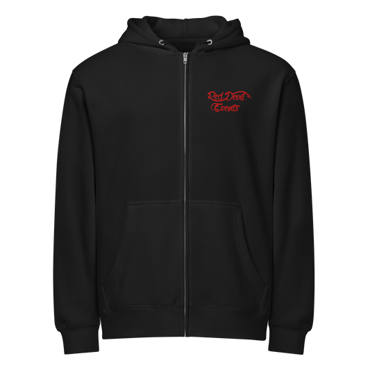 Red Devil Events premium full-zip hoodie in Black, front view