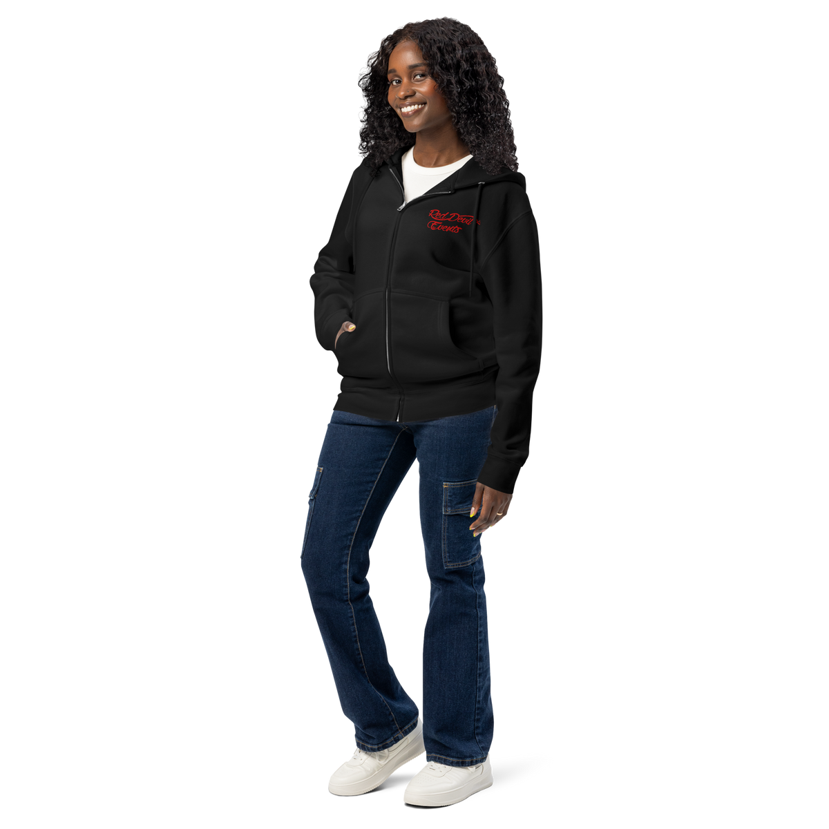 Red Devil Events premium full-zip hoodie in Black, angled front view from the left
