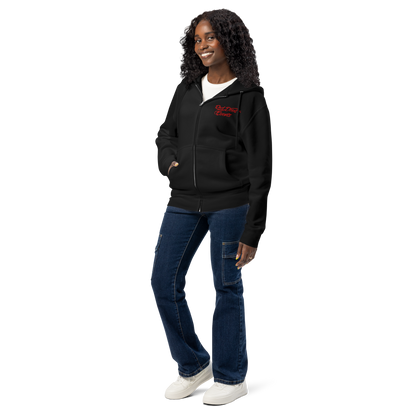 Red Devil Events premium full-zip hoodie in Black, angled front view from the left