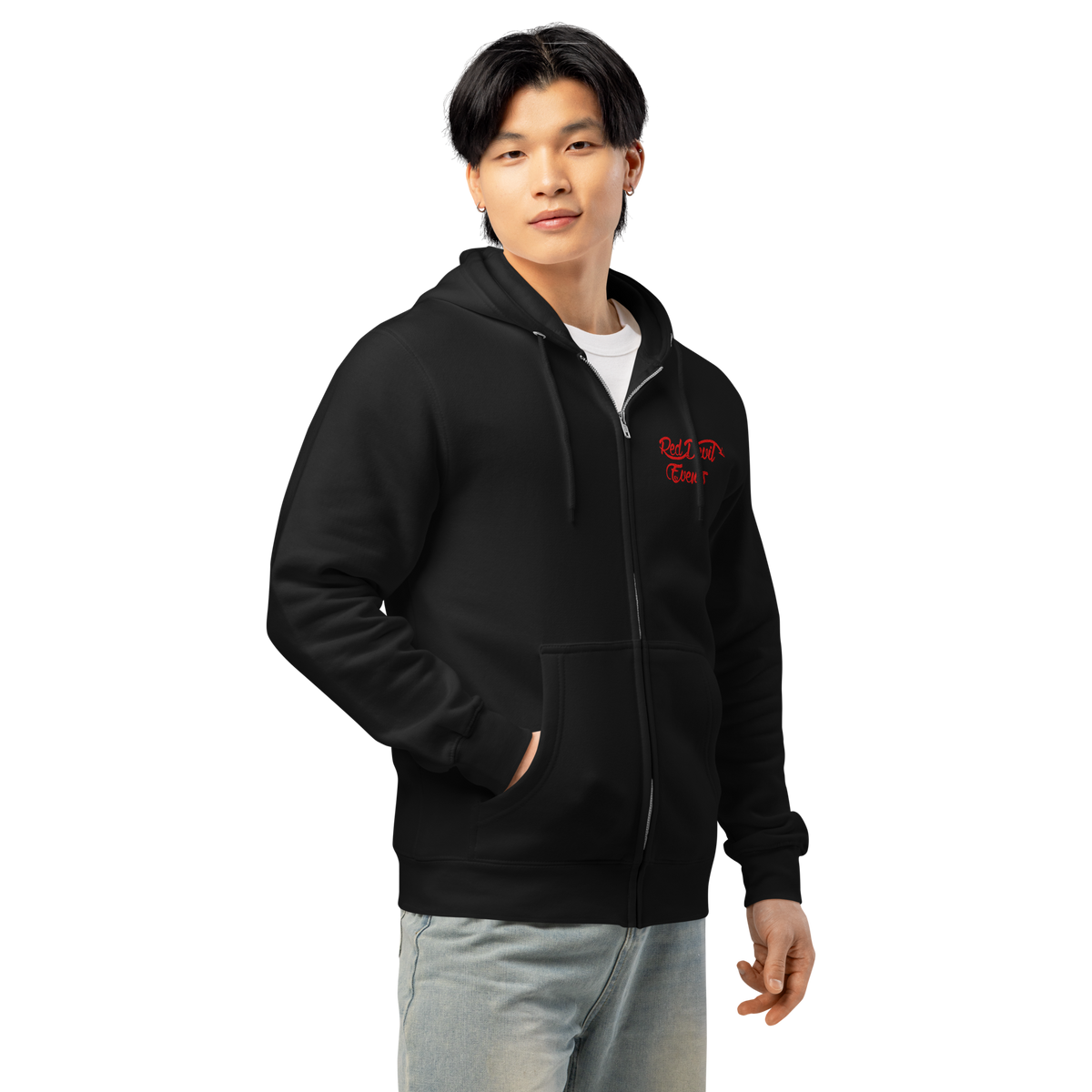 Red Devil Events premium full-zip hoodie in Black, angled front view