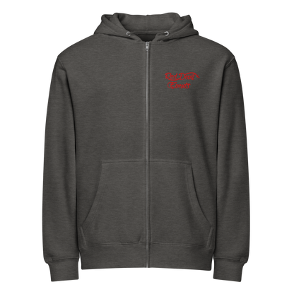 Red Devil Events premium full-zip hoodie in Charcoal Heather, front view
