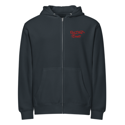Red Devil Events premium full-zip hoodie in Navy, front view
