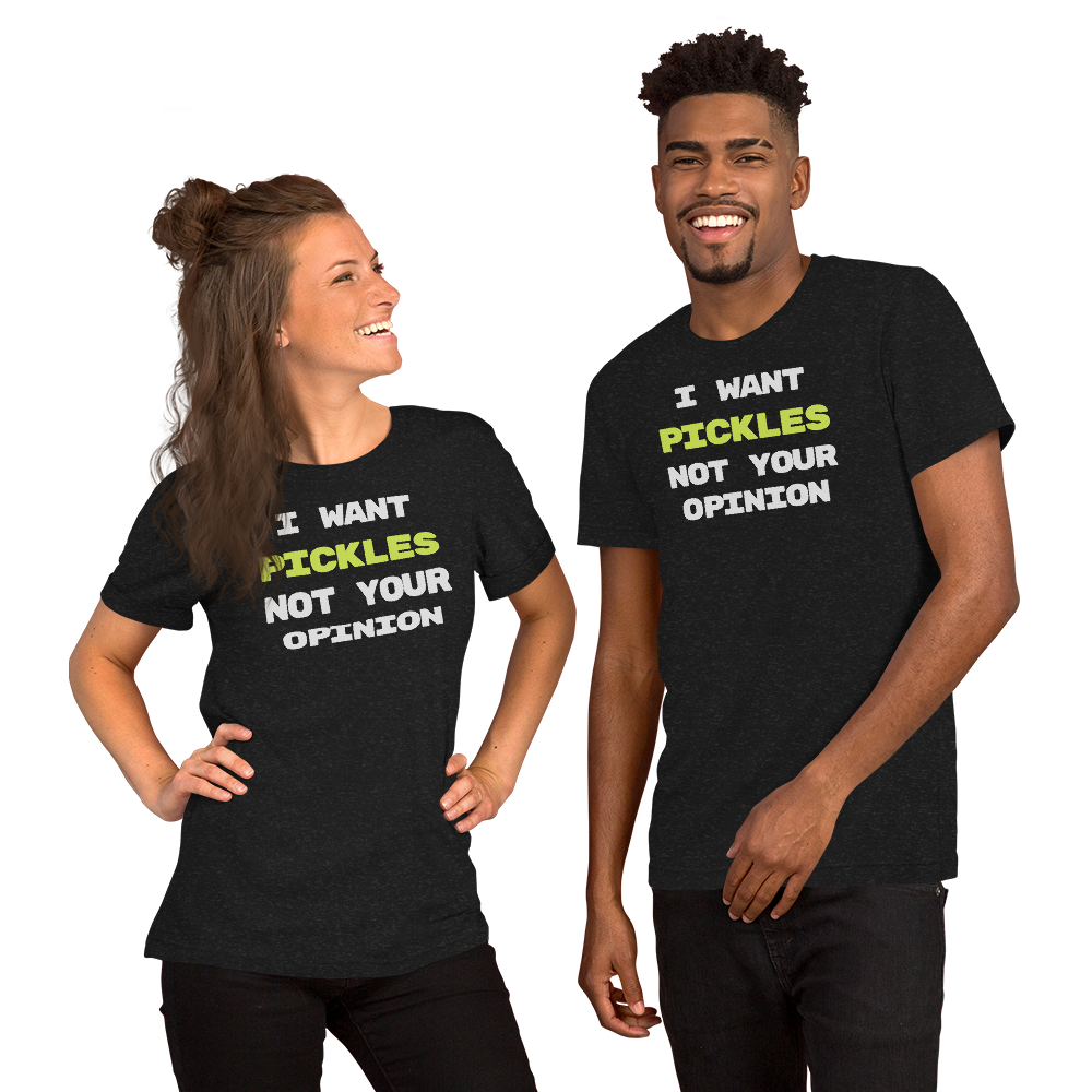 I Want Pickles unisex t-shirt in Black Heather, front view