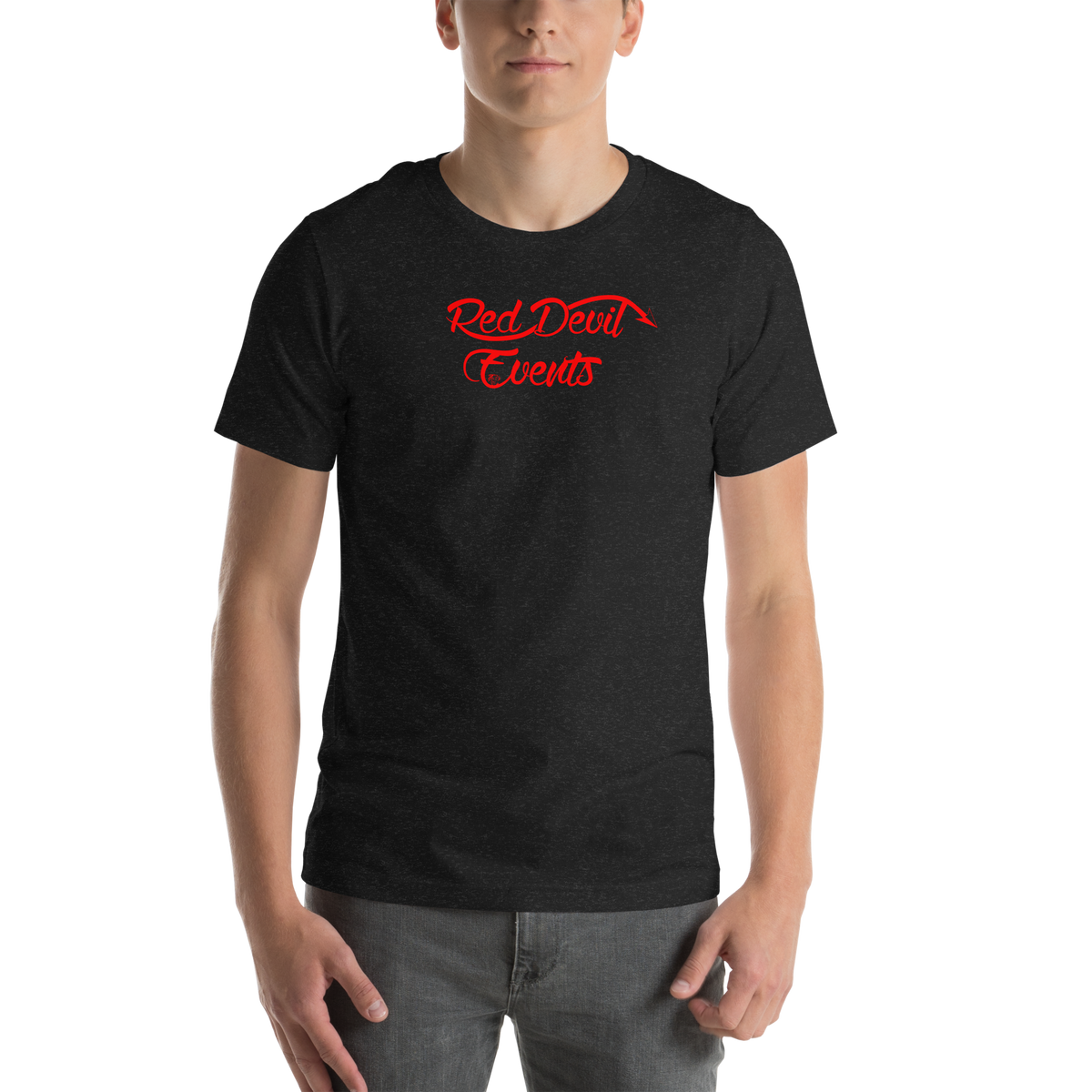 Red Devil Events large print unisex t-shirt in Black Heather, front view