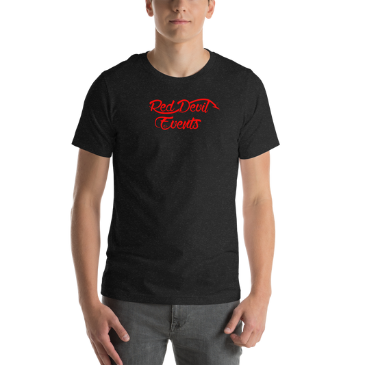 Red Devil Events large print unisex t-shirt in Black Heather, front view