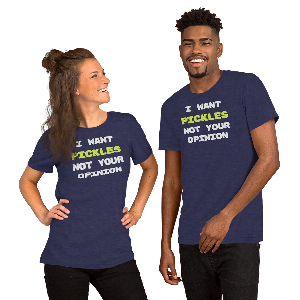 I Want Pickles unisex t-shirt in Heather Midnight Navy, front view