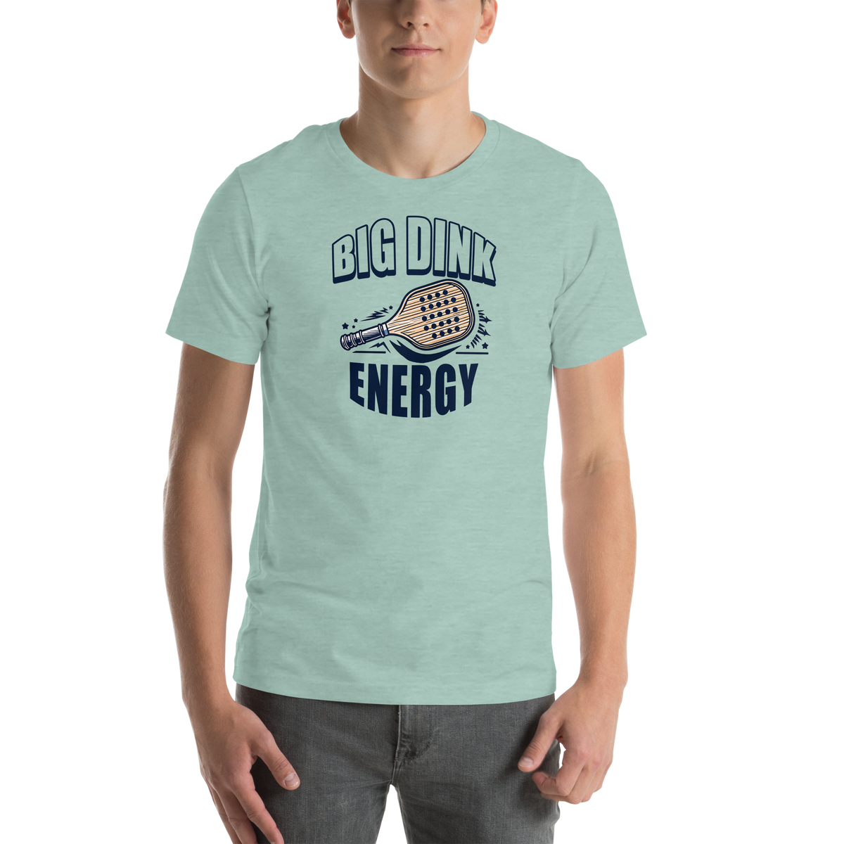 Big Dink Energy unisex t-shirt in Heather Prism Dusty Blue, front view