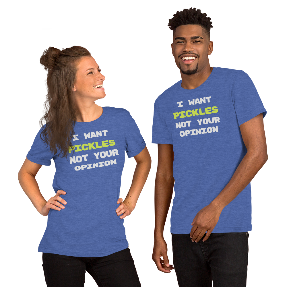 I Want Pickles unisex t-shirt in Heather True Royal, front view