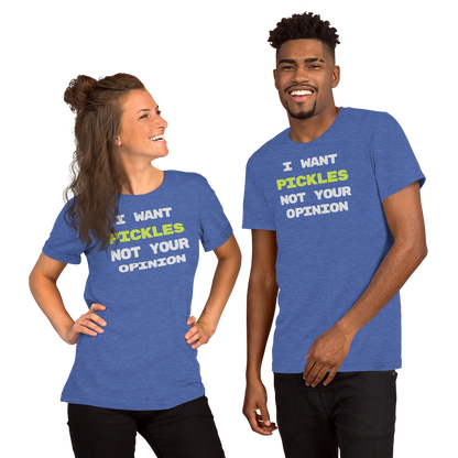 I Want Pickles unisex t-shirt in Heather True Royal, front view