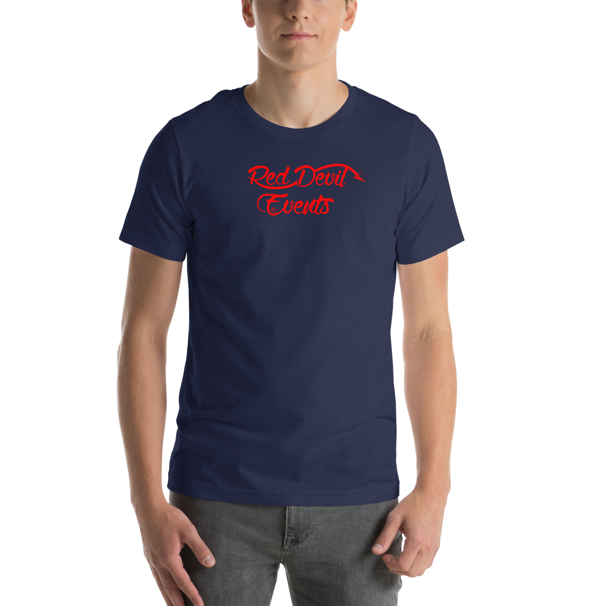 Red Devil Events large print unisex t-shirt in Navy, front view