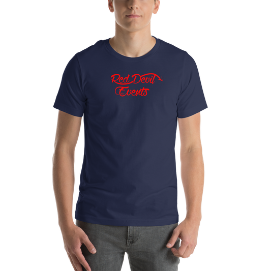 Red Devil Events large print unisex t-shirt in Navy, front view