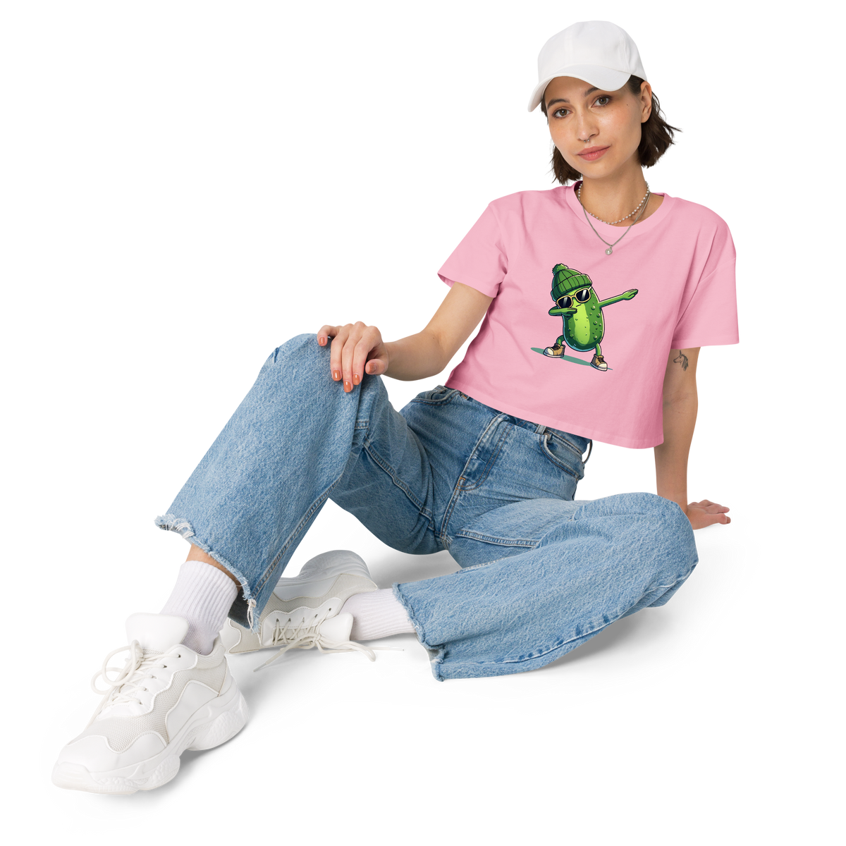 Dabbing Pickle women's crop top in Bubblegum, front view