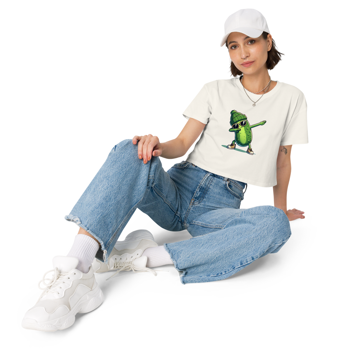 Dabbing Pickle women's crop top in Ecru, front view