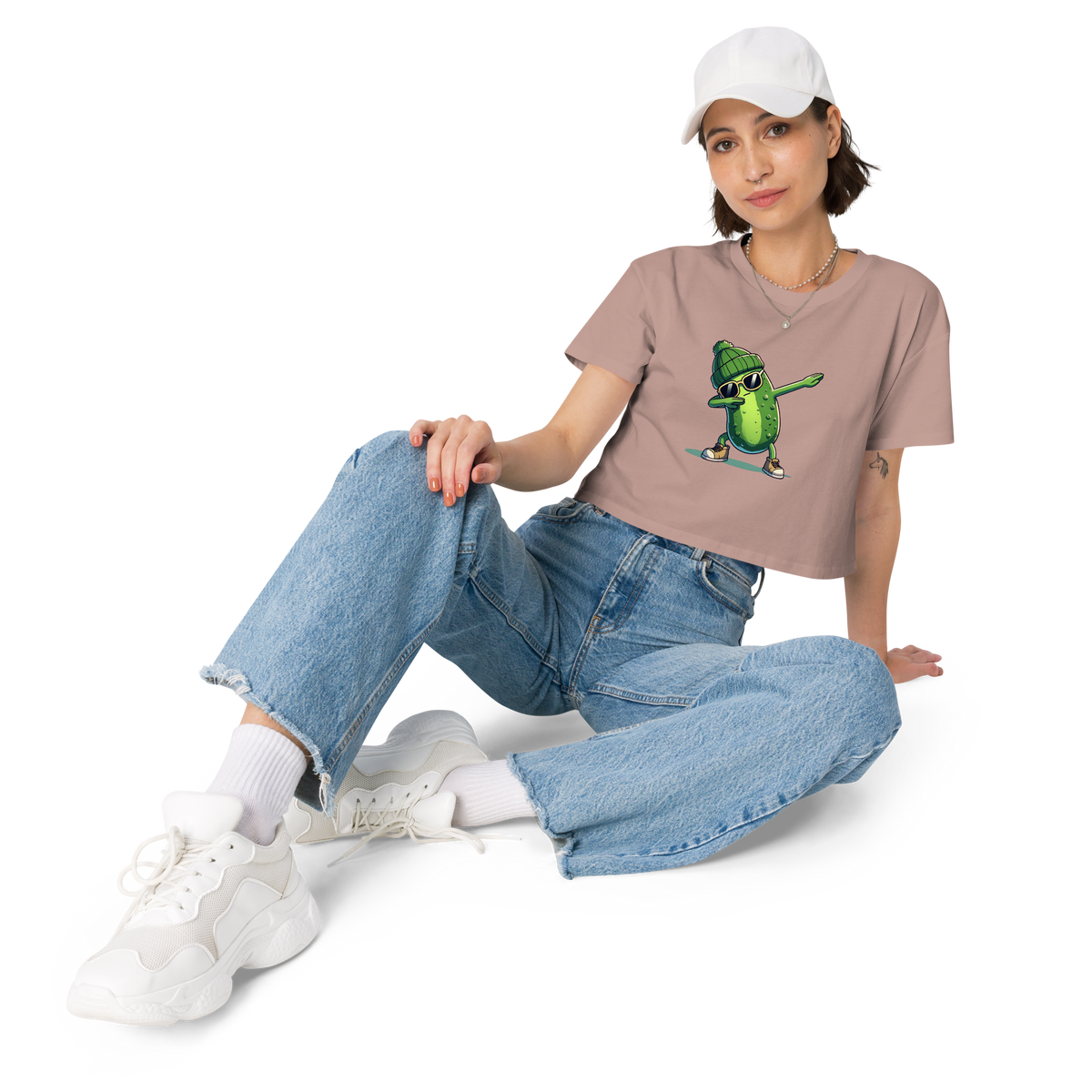 Dabbing Pickle women's crop top in Hazy Pink, front view