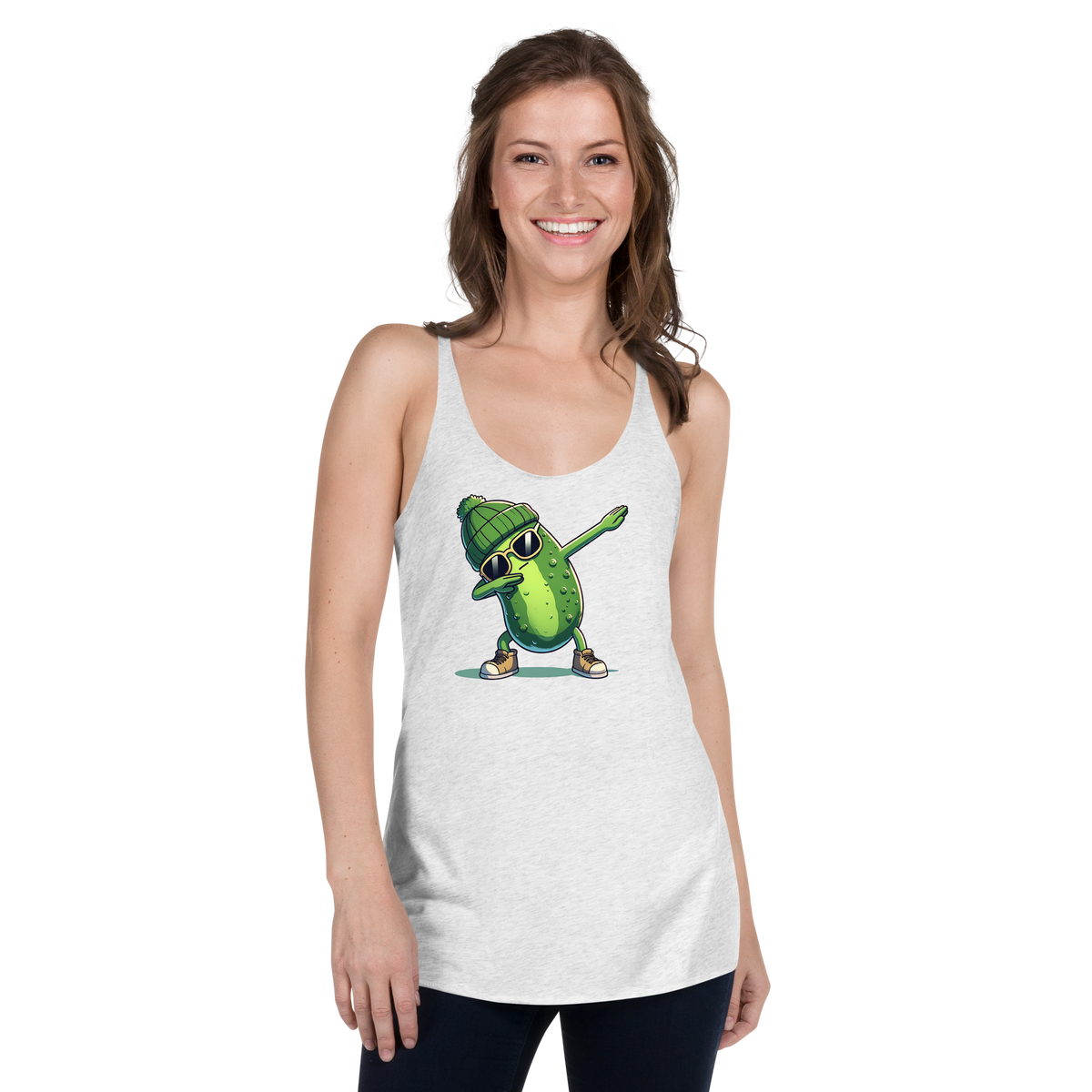 Dabbing Pickle women's racerback tank in Heather White, front view