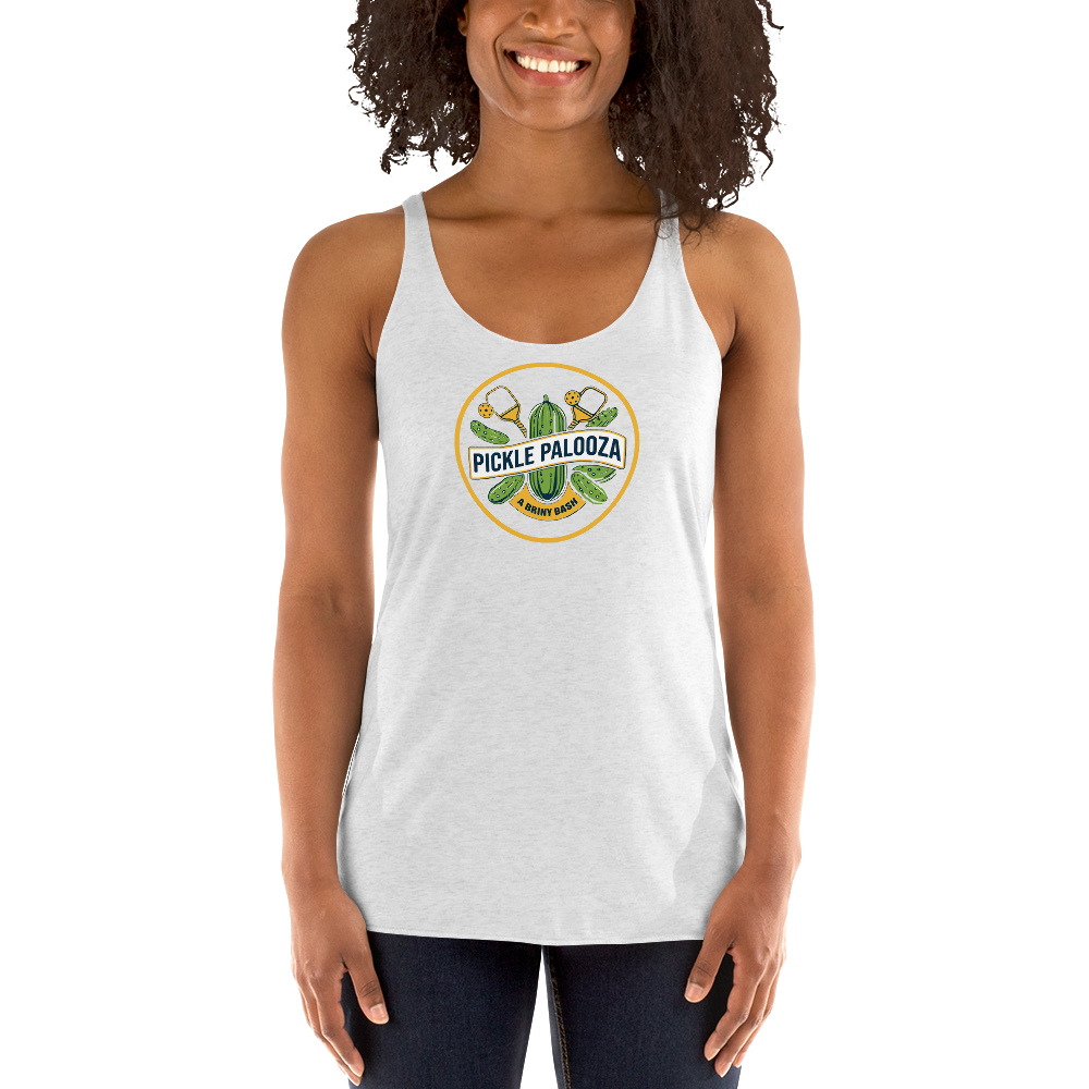 Pickle Palooza women's racerback tank in Heather White, front view