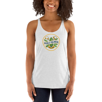 Pickle Palooza women's racerback tank in Heather White, front view