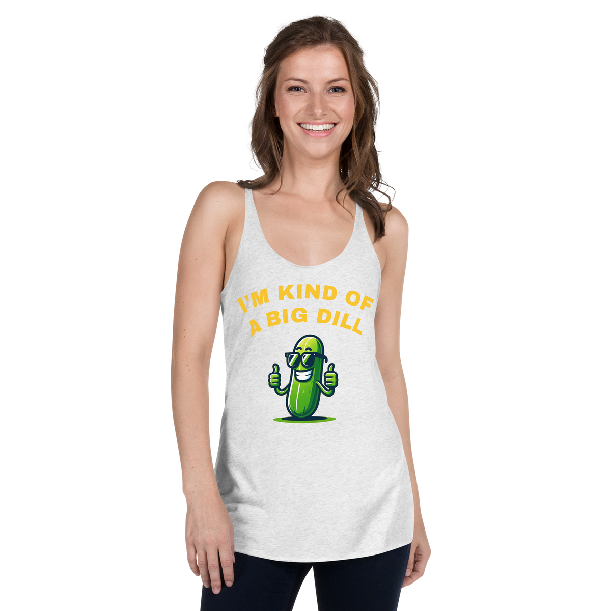 I'm a Big Dill women's racerback tank in Heather White, front view