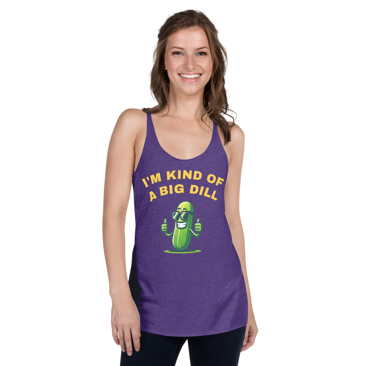 I'm a Big Dill women's racerback tank in Purple Rush, front view