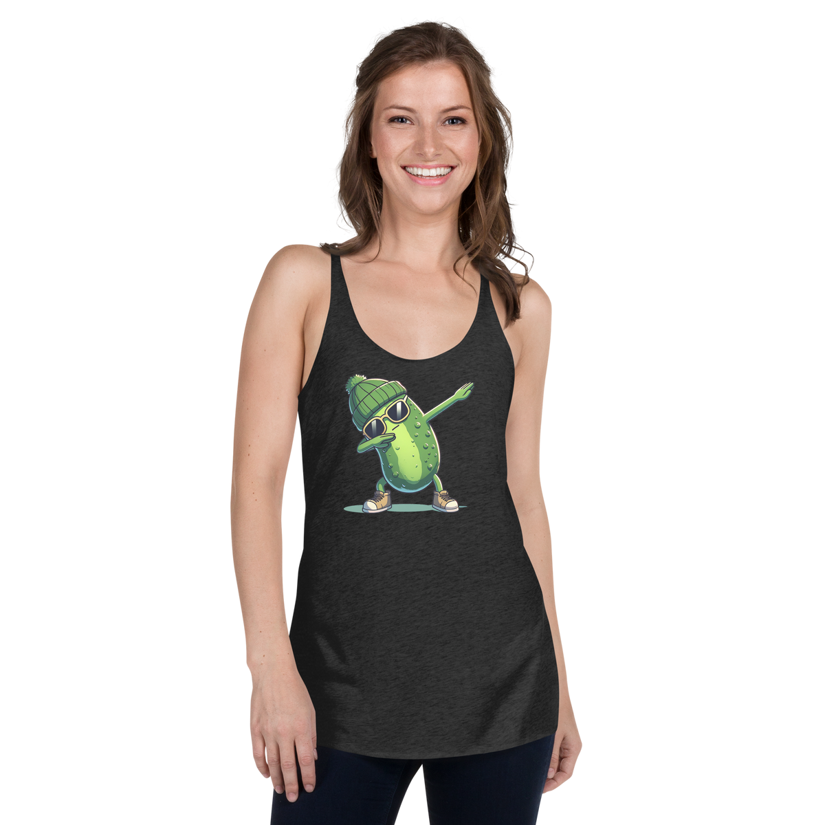 Dabbing Pickle women's racerback tank in Vintage Black, front view