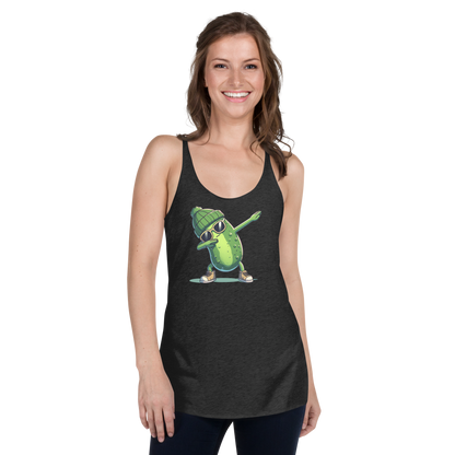 Dabbing Pickle women's racerback tank in Vintage Black, front view