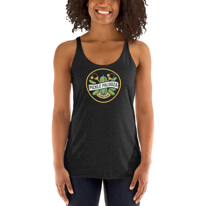 Pickle Palooza women's racerback tank in Vintage Black, front view