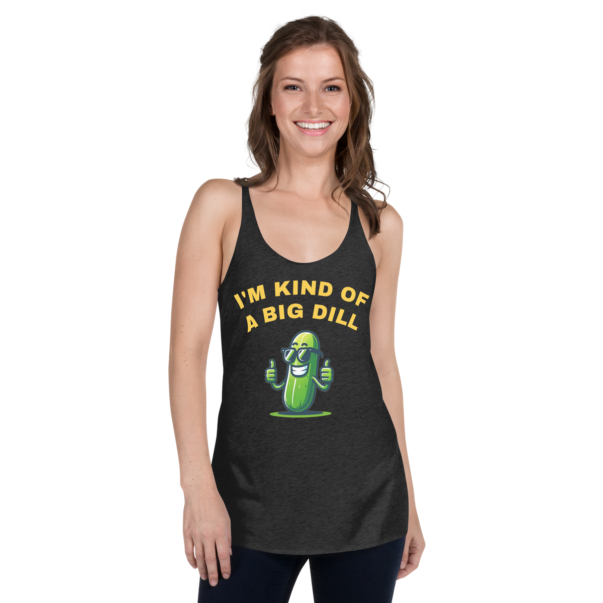 I'm a Big Dill women's racerback tank in Vintage Black, front view