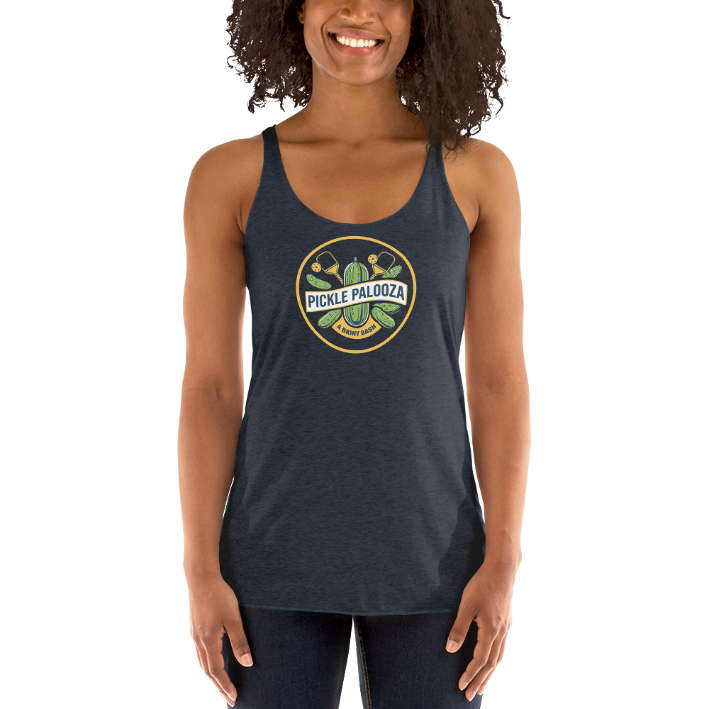 Pickle Palooza women's racerback tank in Vintage Navy, front view