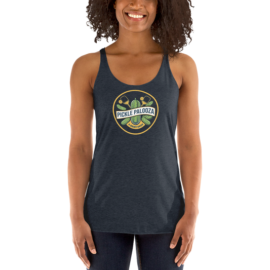 Pickle Palooza women's racerback tank in Vintage Navy, front view