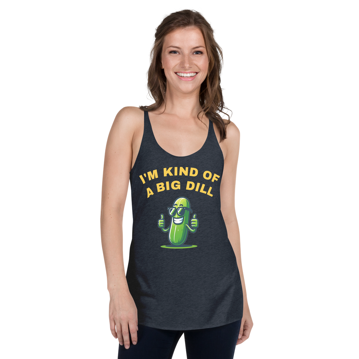 I'm a Big Dill women's racerback tank in Vintage Navy, front view