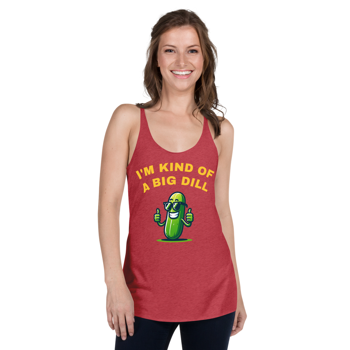 I'm a Big Dill women's racerback tank in Vintage Red, front view