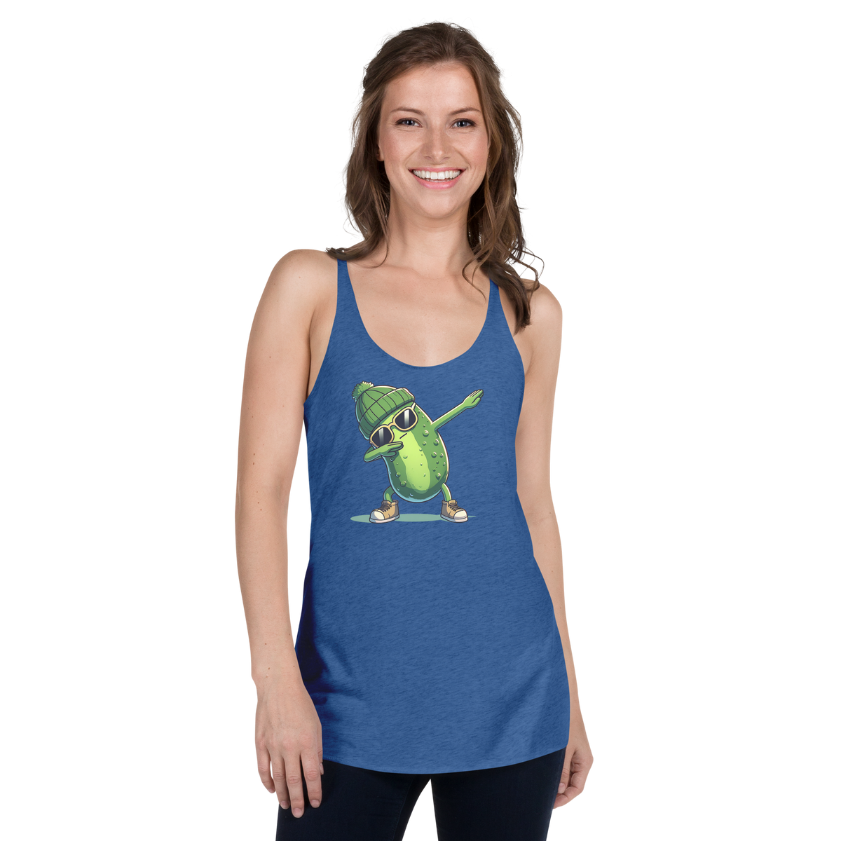 Dabbing Pickle women's racerback tank in Vintage Royal, front view