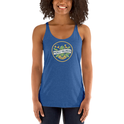 Pickle Palooza women's racerback tank in Vintage Royal, front view