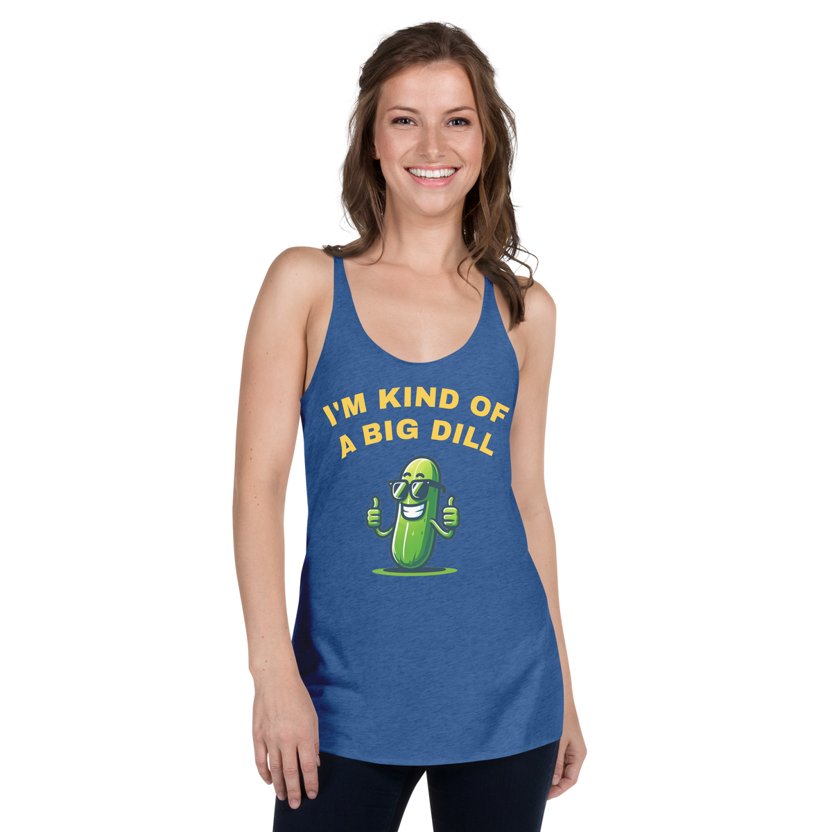 I'm a Big Dill women's racerback tank in Vintage Royal, front view