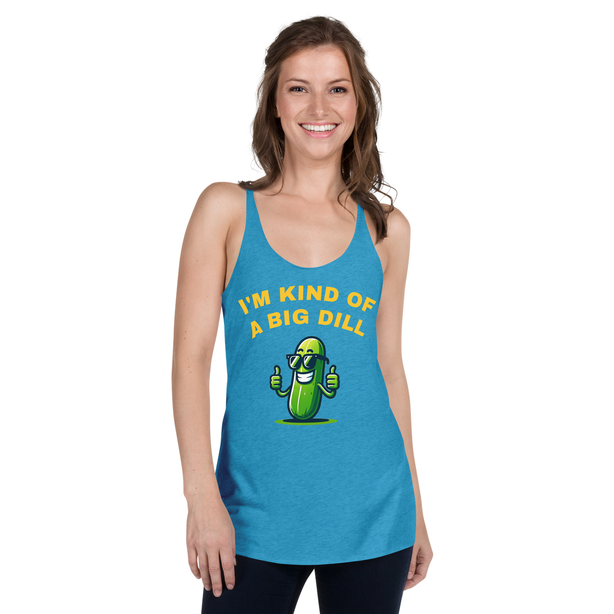 I'm a Big Dill women's racerback tank in Vintage Turquoise, front view