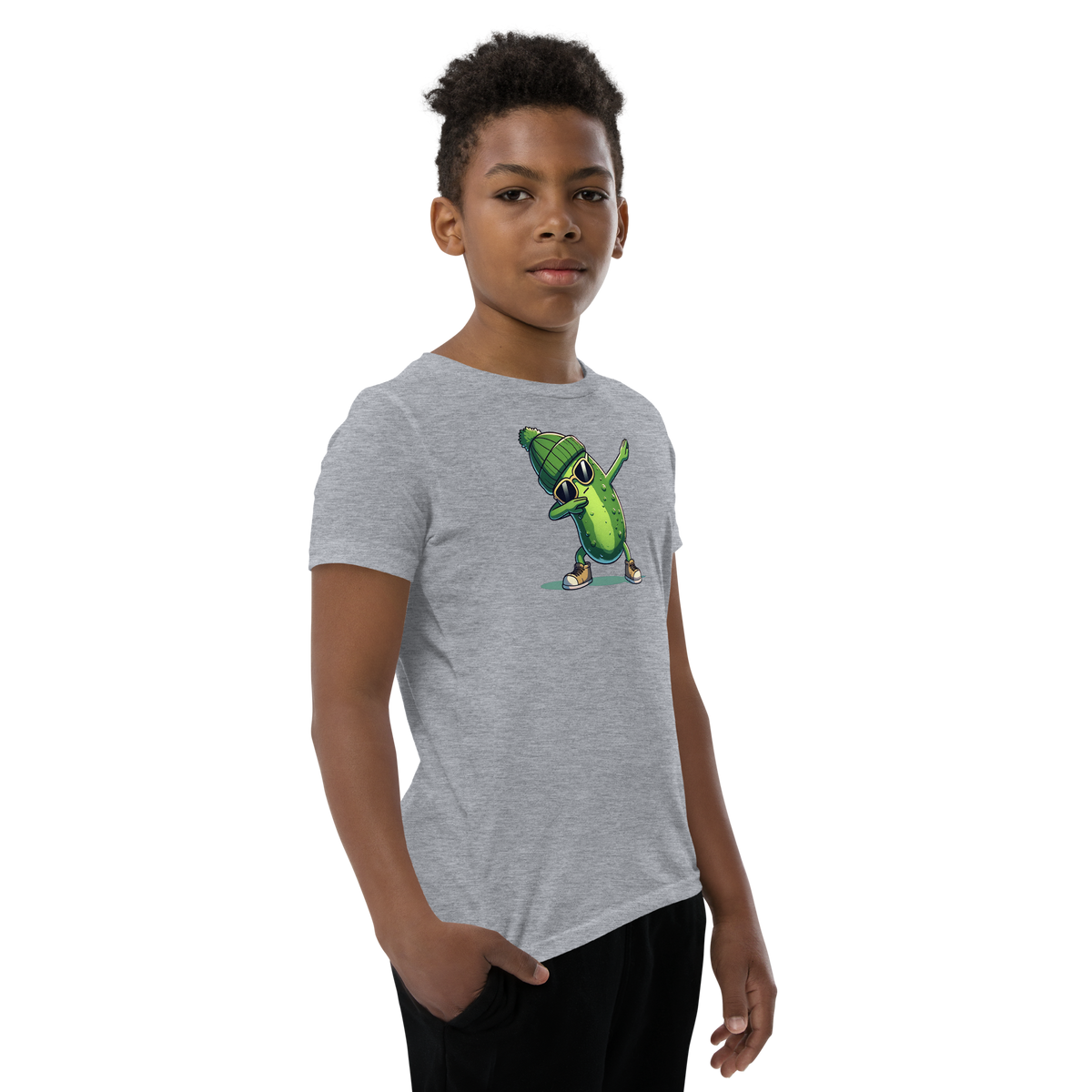 Dabbing Pickle youth t-shirt in Athletic Heather, angled front view