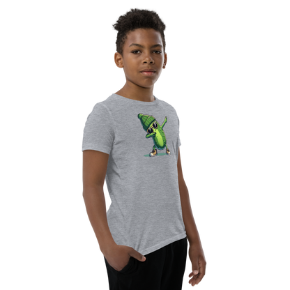 Dabbing Pickle youth t-shirt in Athletic Heather, angled front view