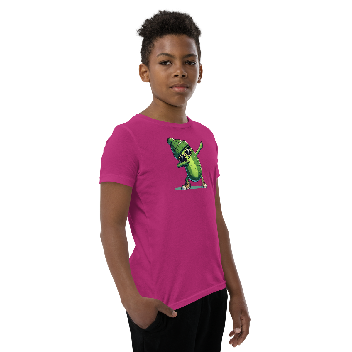 Dabbing Pickle youth t-shirt in Berry, angled front view