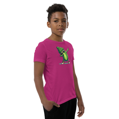 Dabbing Pickle youth t-shirt in Berry, angled front view