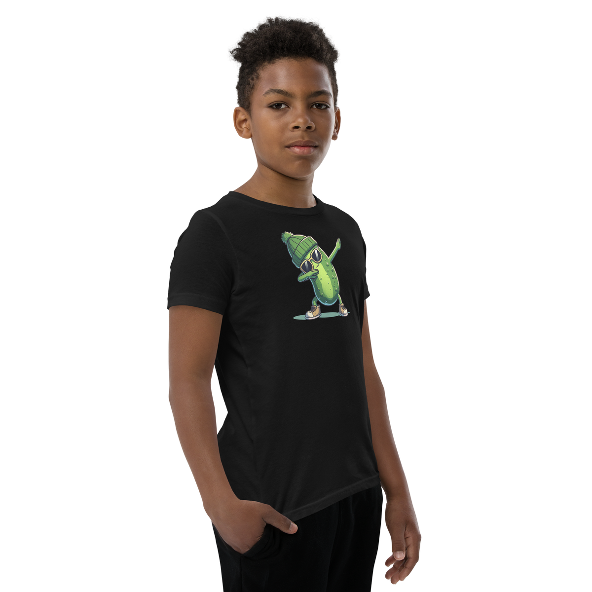 Dabbing Pickle youth t-shirt in Black, angled front view