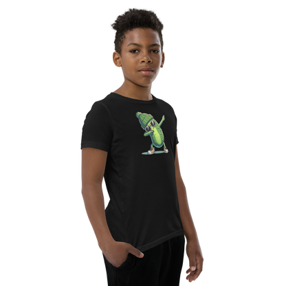 Dabbing Pickle youth t-shirt in Black, angled front view