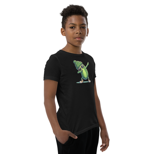 Dabbing Pickle youth t-shirt in Black, angled front view