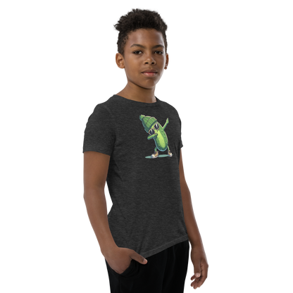 Dabbing Pickle youth t-shirt in Dark Grey Heather, angled front view