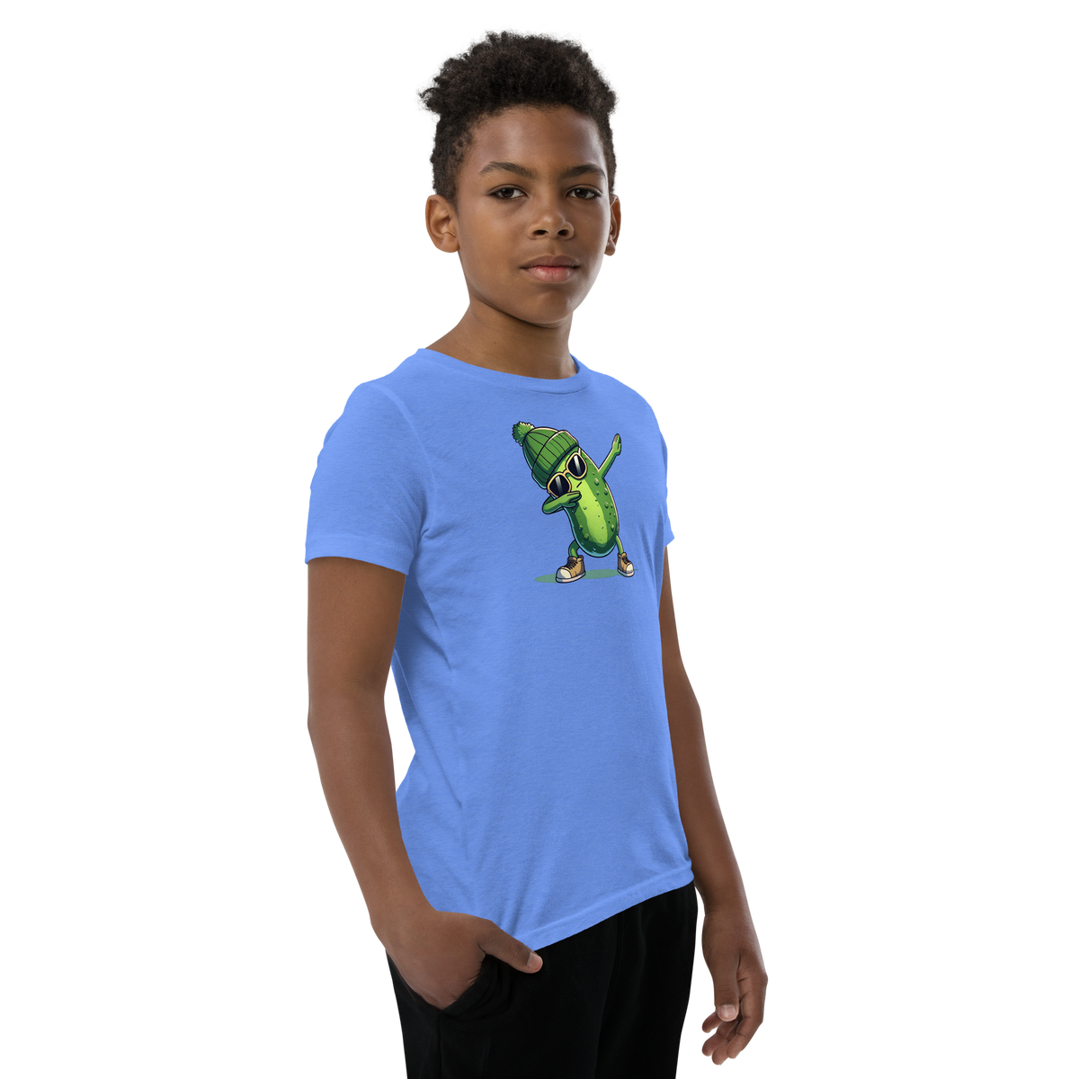 Dabbing Pickle youth t-shirt in Heather Columbia Blue, angled front view