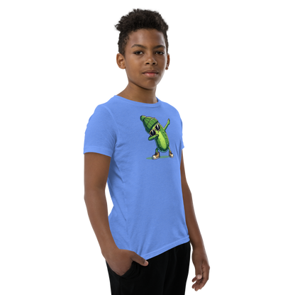 Dabbing Pickle youth t-shirt in Heather Columbia Blue, angled front view